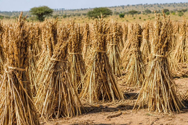 Harvested sesame stooked upright to dry before threshing