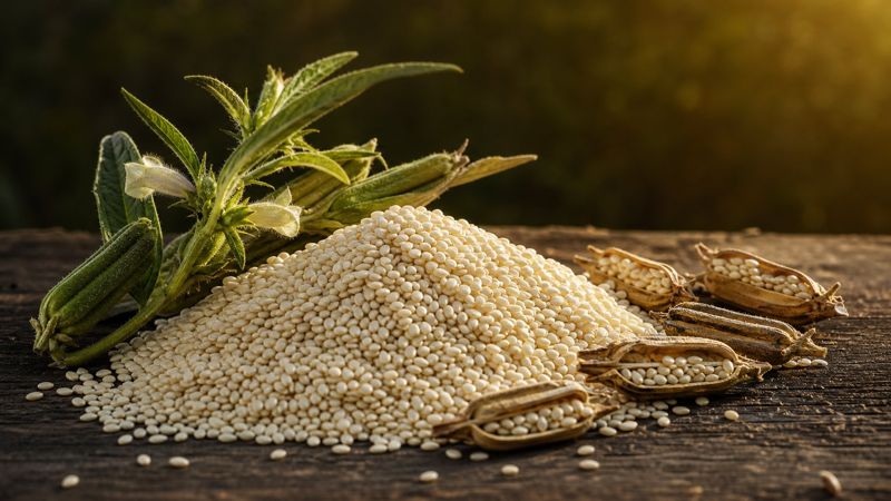 Clean natural white Nigerian sesame seeds with dried pods