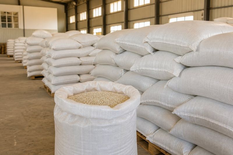 50 kg PP bags stacked on pallets in the export warehouse