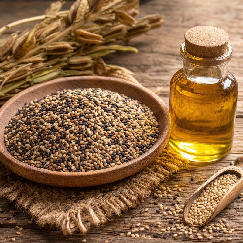 Natural brown and mixed Nigerian sesame seeds in a wooden bowl beside a bottle of sesame oil