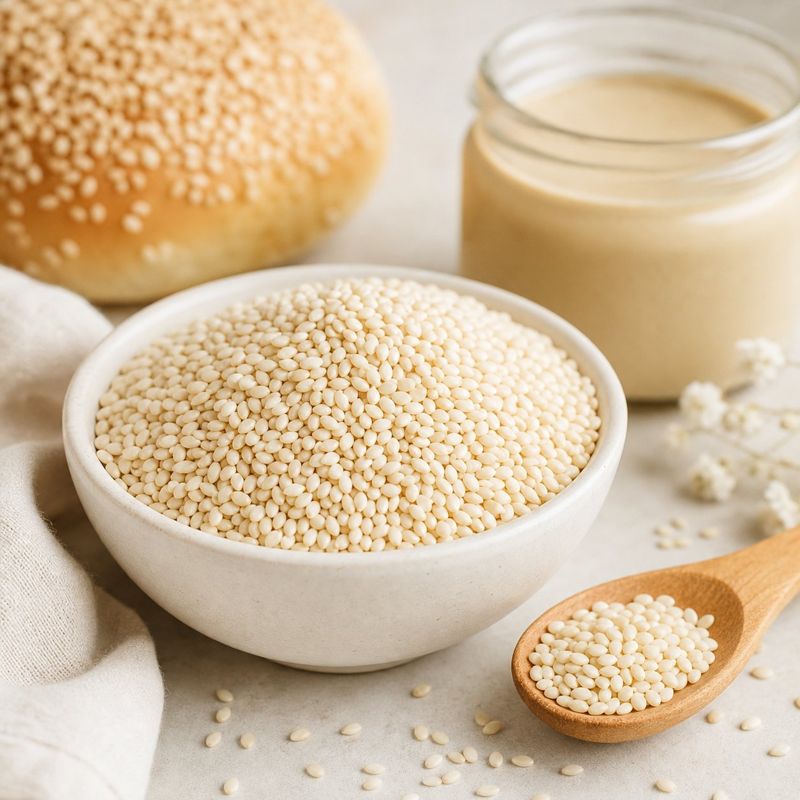Pearl-white hulled sesame seeds in a ceramic bowl with a sesame bun and tahini in the background