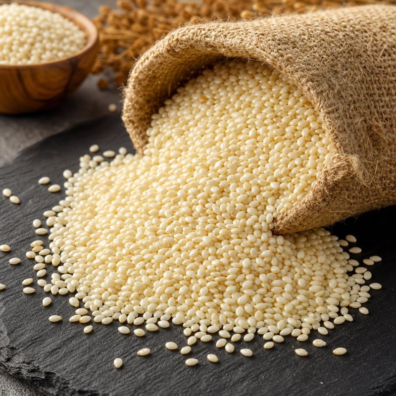 Natural white sesame seeds close-up