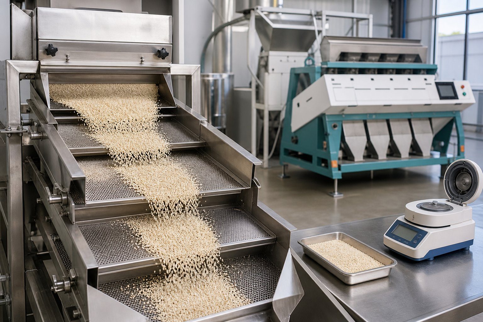 Sesame seeds on a vibrating screen cleaning machine with an optical sorter behind